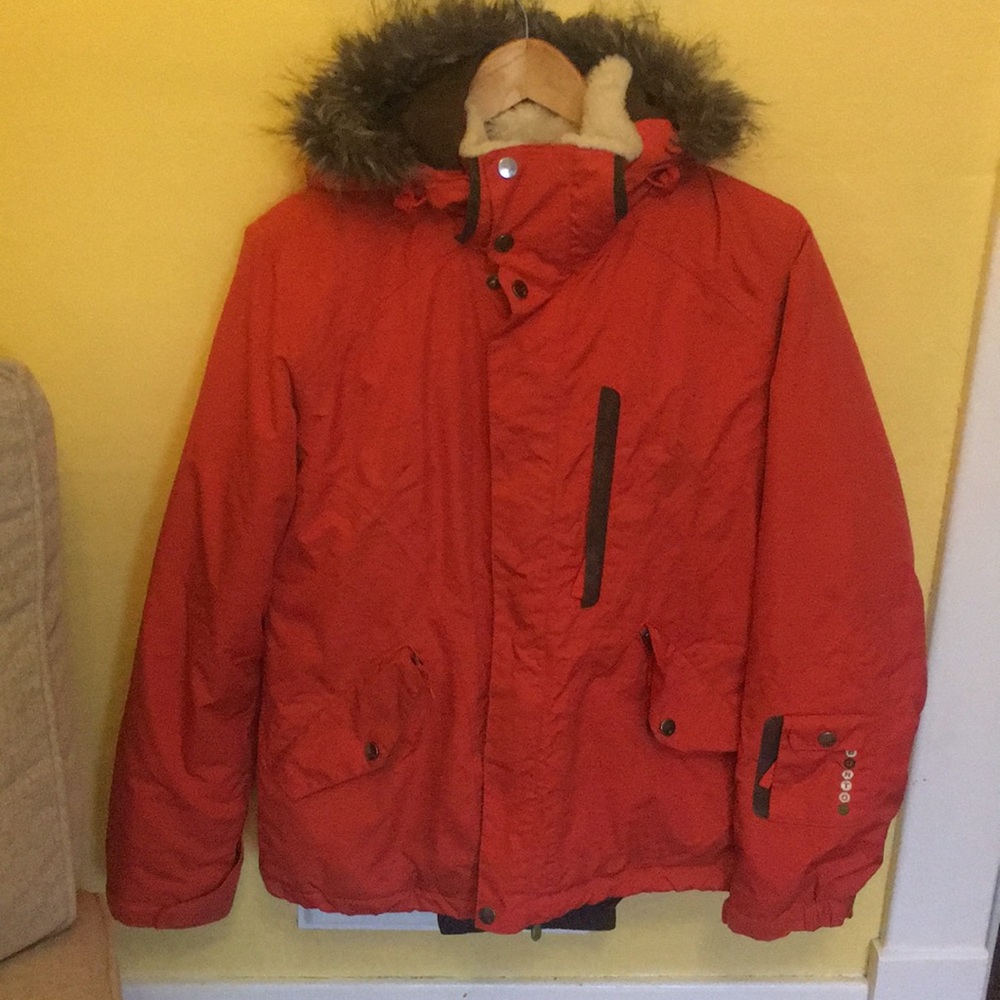 Burton Red Parka Jacket with Faux-Fur Hood